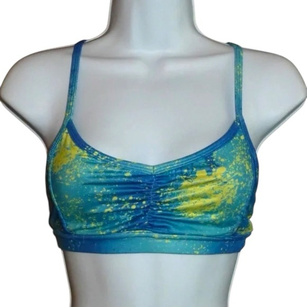 Kyodan Sports Workout Bra, Blue & Yellow Strappy Cross Back, Non-Padded, XS